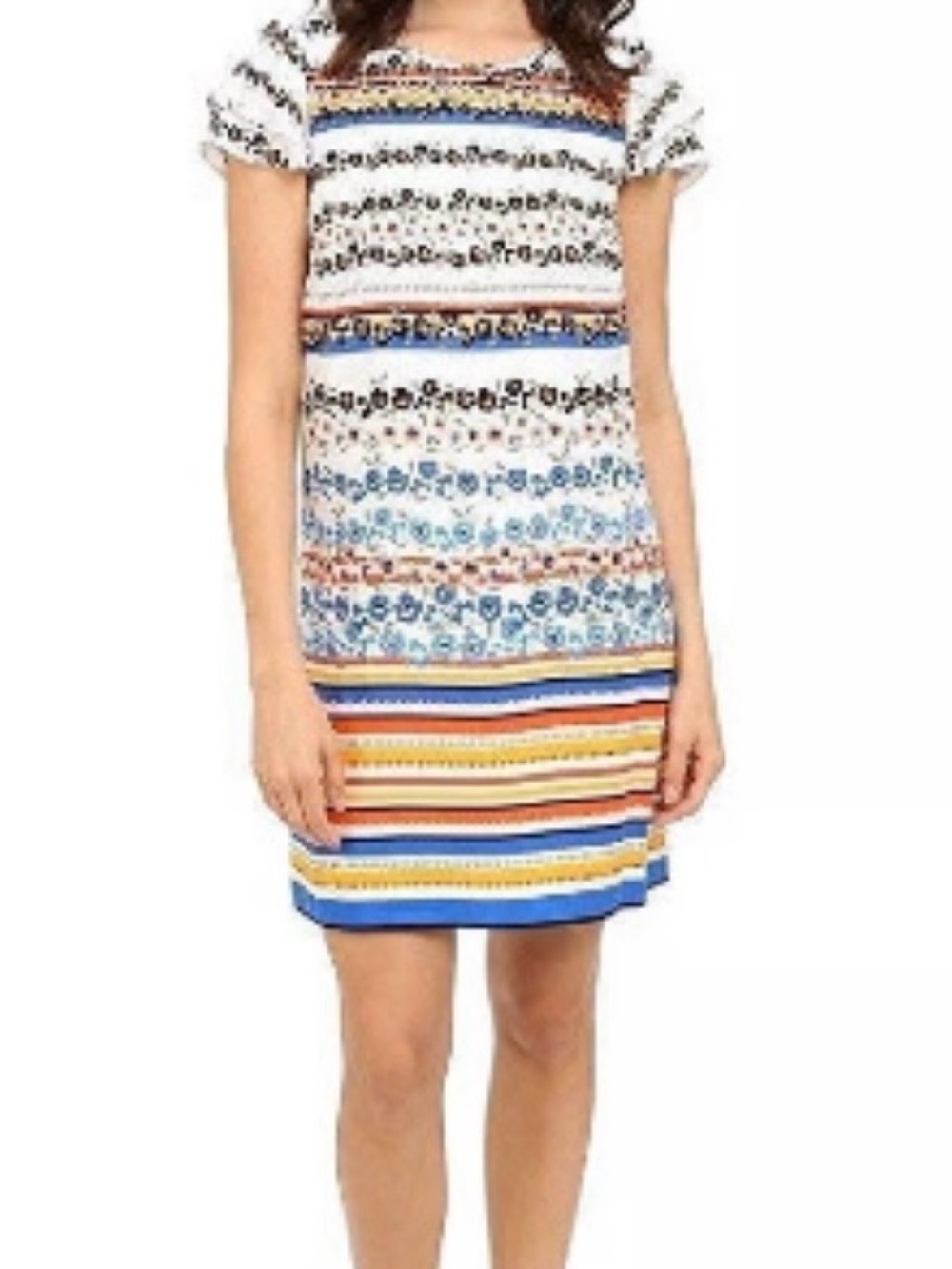 Kensie Striped Floral Midi Dress in White, Blue and Yellow